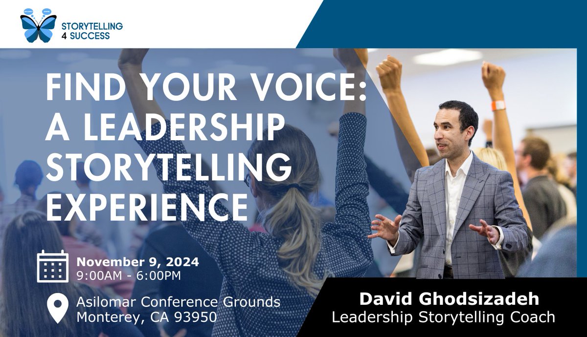 Serious about growing as a leader? Communicator? You'll want to attend this transformational event in Monterey on November 9th.  

Find your voice. 
Apply it to your job.
Advance your career faster.

Hurry! Only 100 tix.

Early bird discount to Sep 9.

storytellingsuccesscoach.com/event-details/…