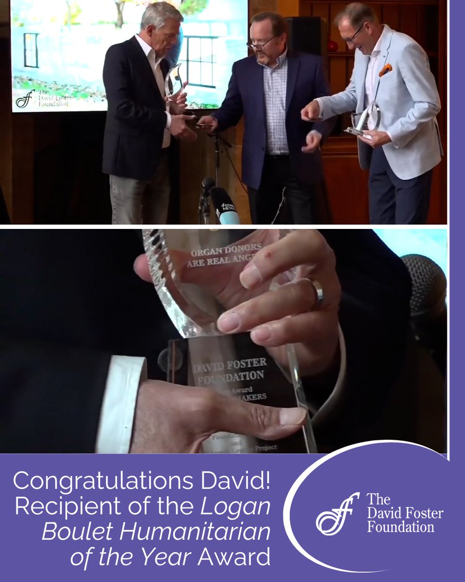 DavidFosterFDN's tweet photo. We are very excited to share that David Foster was recently awarded the Logan Boulet Humanitarian of the Year, which is given out annually by the Angel’s Legacy Project, a non-profit organization that raises awareness about the importance of organ donation and encourages Canadians to become registered organ donors.

It is a tremendous honour to receive this award, named for Logan Boulet (@GreenShirtDay), the Humboldt Broncos player who was a registered organ donor. Six people received the gift of life from Logan because he was an organ donor. David received the award in North Saanich last Friday, and please  watch this story on the award by @CHEK_News: https://t.co/kG9XKn3SzS