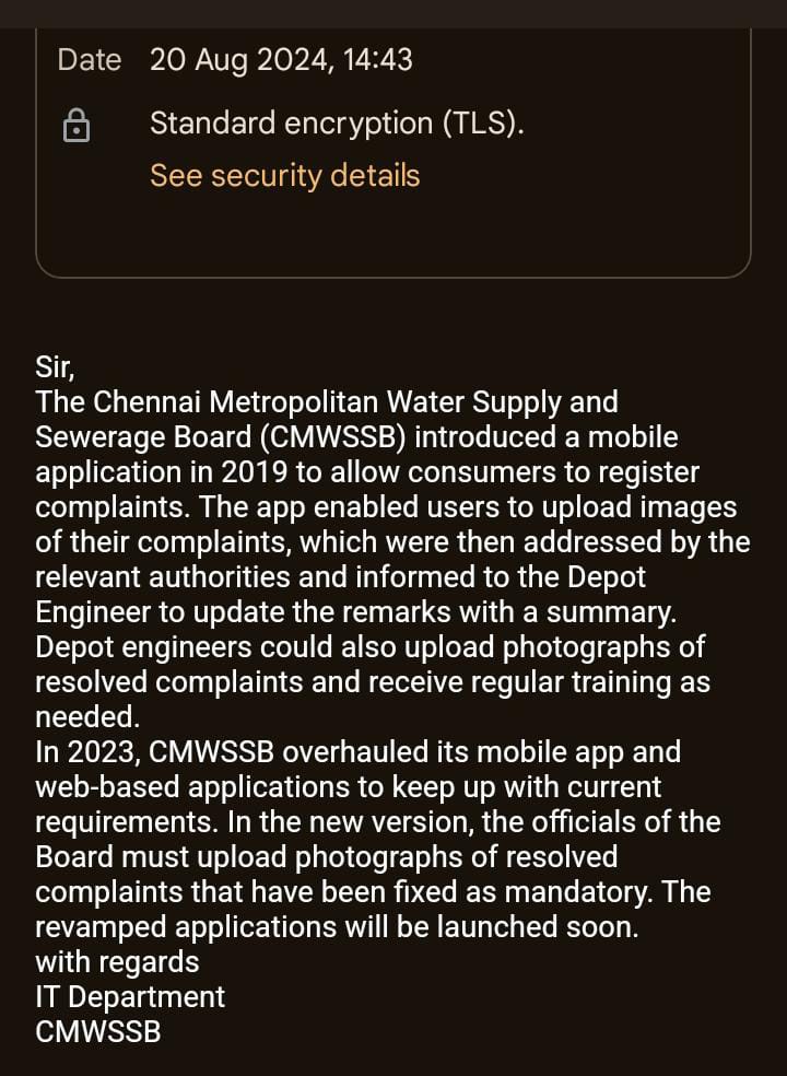 BalajiGopalanCH's tweet photo. #ChennaiCorporation
@CHN_Metro_Water #CMWSSB
I.T.M. (Information Technology Manager):
Try releasing and launching the updated application ASAP.
@Chief_Secy_TN
@CMOTamilnadu
@ptrmadurai
@tnmaws
@TNDIPRNEWS
@TOIChennai https://t.co/ihv0DAim6E