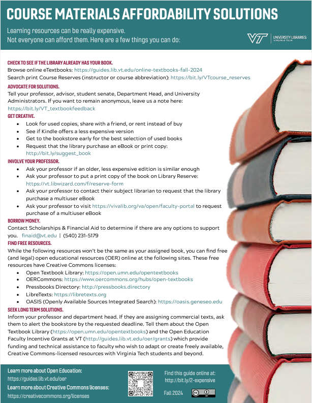 Hey, Hokies! You have options on obtaining required course materials and the library might already have your #TextBook! Students, check out what's avail. to you through the library!

📙Online eTextbooks: guides.lib.vt.edu/online-textboo…

📙Print Course Reserves: bit.ly/VTcourse_reser…