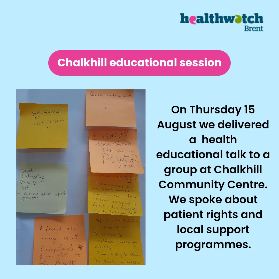 Healthwatch Brent (@hw_brent) on Twitter photo Last week we delivered a session to a lovely group at Chalkhill Community Centre. We shared local support and collected feedback about services.
We're happy to have received positive comments about the talk, and can't wait to educate more of the community! Last week we delivered a session to a lovely group at Chalkhill Community Centre. We shared local support and collected feedback about services.
We're happy to have received positive comments about the talk, and can't wait to educate more of the community!