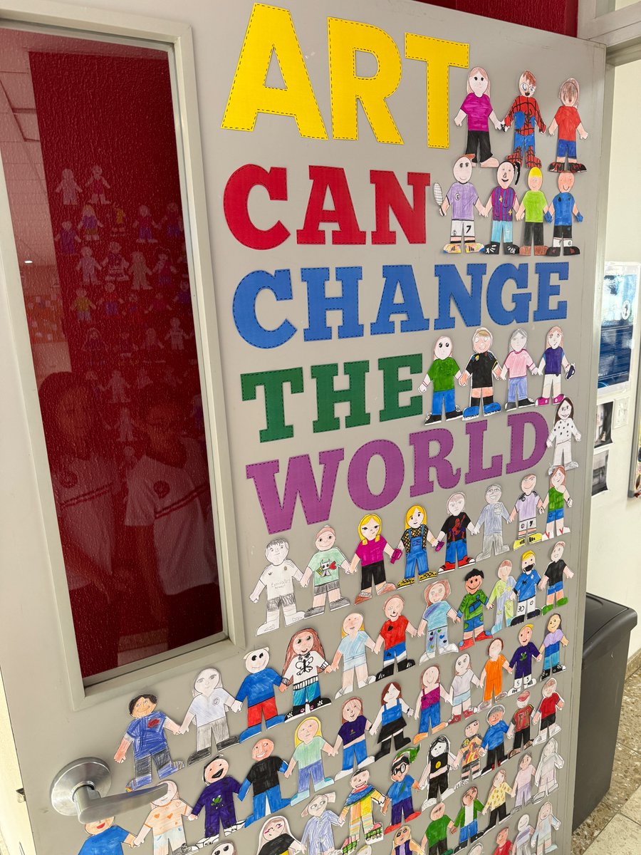 Student self-portraits frame the doorway, as students are greeted as they enter the classroom.  Everything pointing to students as the center of our learning intentions.  #nowherelikelincoln #inspiringpeople