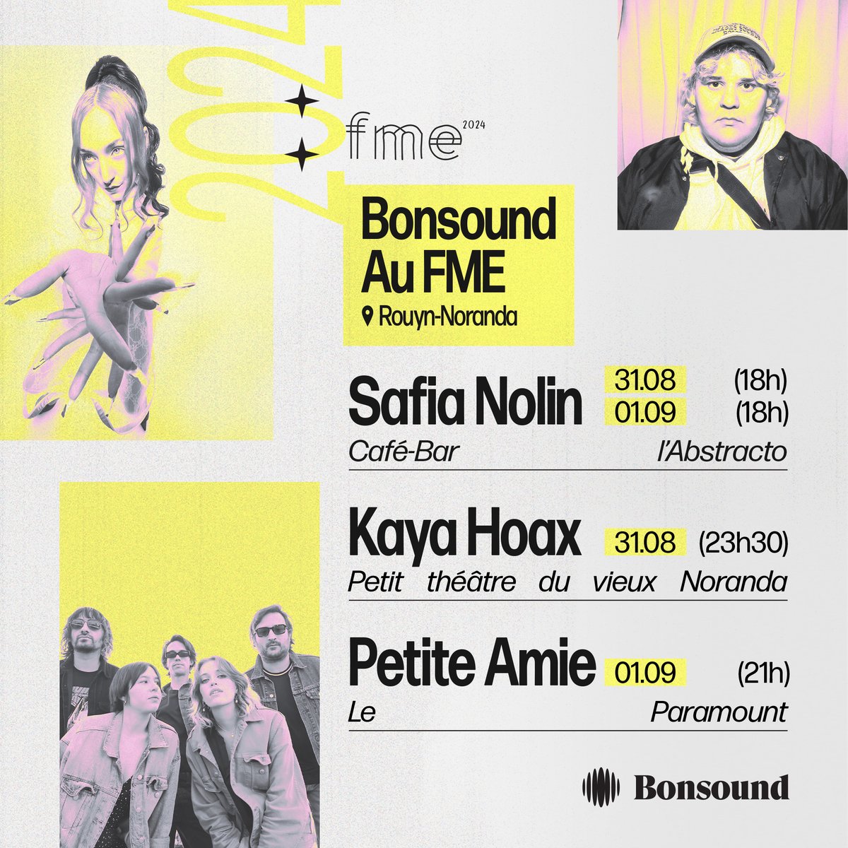 bonsound's tweet photo. Le FME est à nos portes! 
Au programme, @KayaHoax, @__petiteamie et deux (🤩) concerts de Safia Nolin. See you there! https://t.co/BHSmDzvKgp