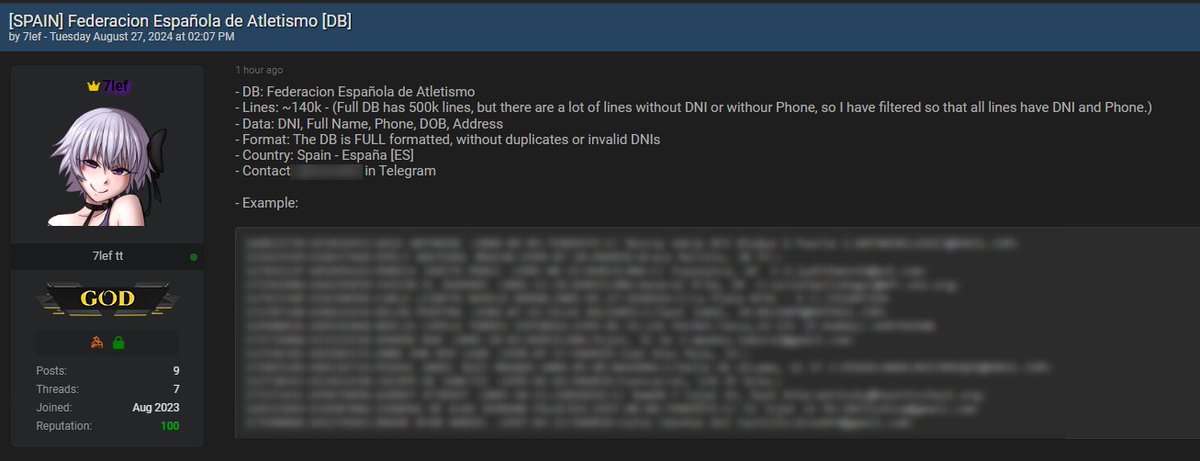 🚨 #DataBreach #Alert 🚨

🇪🇸Spain - Real Federación Española de Atletismo

A potential data breach at the Real Federación Española de Atletismo has been detected on a hacking forum: 140K users are reportedly affected.

According to the post, the database contains each entry with