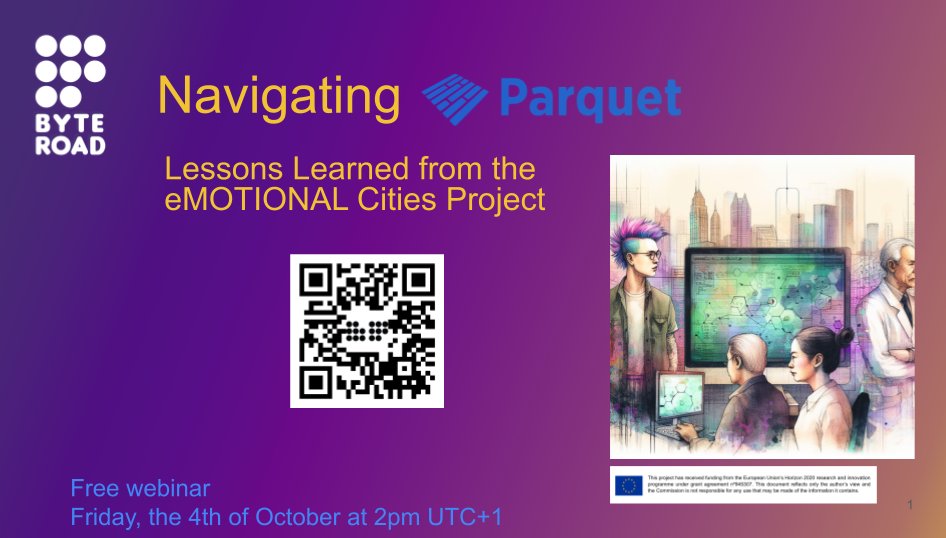 👌 Do you want learn more about GeoParquet?
You can attend this free webinar - Webinar: Navigating GeoParquet: Lessons Learned from the eMOTIONAL Cities Project - held by ByteRoad on 4th of October at 2pm UTC+1. 

More details 👉 github.com/byteroad/geopa…