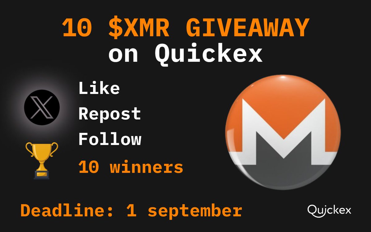 10 $XMR GIVEAWAY 🎁

Quickex enjoys #monero community so there is a chance for all <a href="/monero/">Monero (XMR)</a> lovers to get some 💸!

Terms:
✅ Like and repost
✅ Follow <a href="/QuickEx_Tweets/">QuickEx</a> 
🏁 Deadline on 1st September