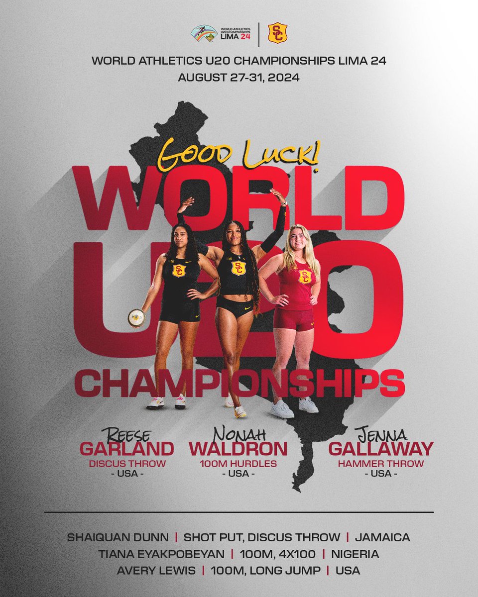 Good luck to our Trojans competing at the <a href="/WorldAthletics/">World Athletics</a> U20 Championships in Lima this week! ✌️