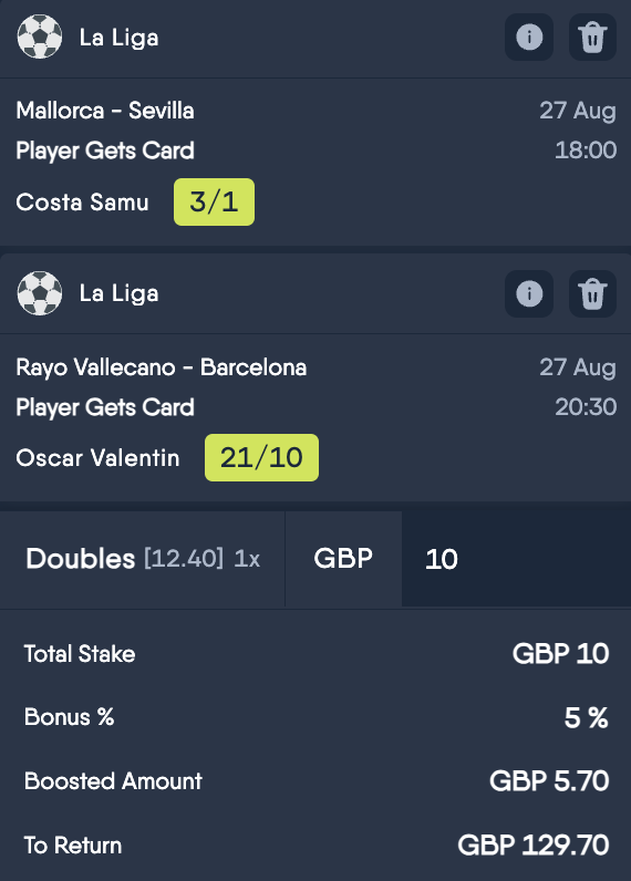 TheCardDealer's tweet photo. ⭐️ NAP & NB DOUBLE ⭐️

Join CopyBet, place a £10 bet and you’ll get £50 in FREE BETS here: https://t.co/ShBec8hbKP

✍️ Costa received 9 yellows in 28.75 across all comps last season, including a yellow in the last H2H vs Sevilla.

✍️ Valentin received 8 yellows & 1 red in 31.95 90s across all comps last season, including a yellow in the last H2H vs Barcelona.

✍️ Both players have been fortunate not to have been booked this season after committing 9 fouls in just two games.

#AD | New Customer Offer | T&C's Apply | 18+ | https://t.co/KzJwsjiiUI