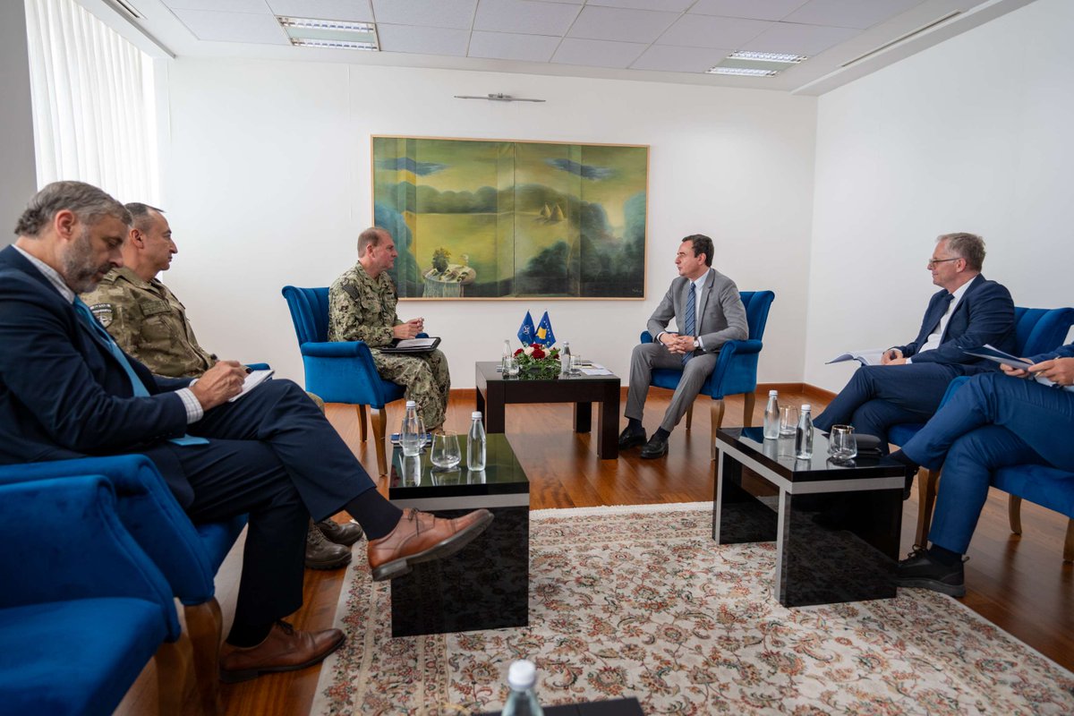 JFC_Naples's tweet photo. Commander JFC Naples Admiral Stuart Munsch met with Mr. Kurti in Pristina, to discuss KFOR activities for sustainable security in Kosovo and NATO's support for EU-facilitated dialogue between Belgrade and Pristina. @NATO_KFOR @NATO_SHAPE https://t.co/GYceZzKJYC