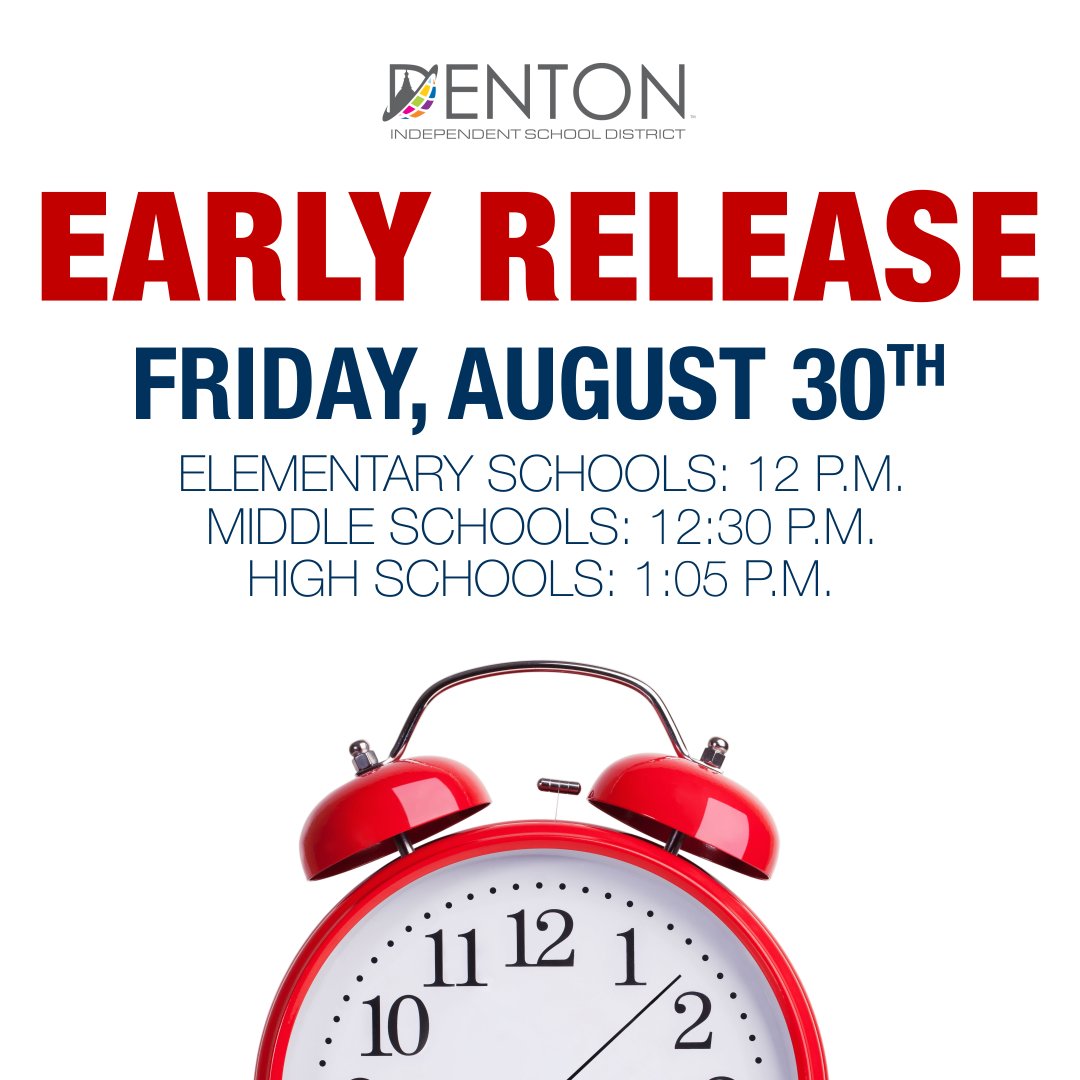 Today is an early release day for students. No school on Monday for Labor Day. Enjoy your long weekend.