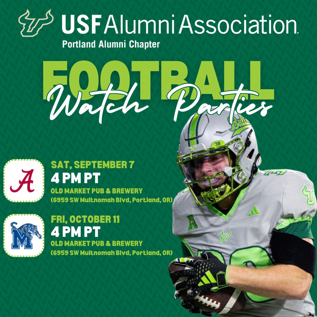 Join us for USF Football Watch Parties this fall! 🏈

Cheer on the Bulls with fellow alumni and friends on selected game days!

📅: 9/7 vs. Alabama &amp; 10/11 vs. Memphis
📍: Old Market Pub &amp; Brewery (6959 SW Multnomah Blvd, Portland, OR 97223)

Go Bulls! 🐂 #USFAlumni #GoBulls