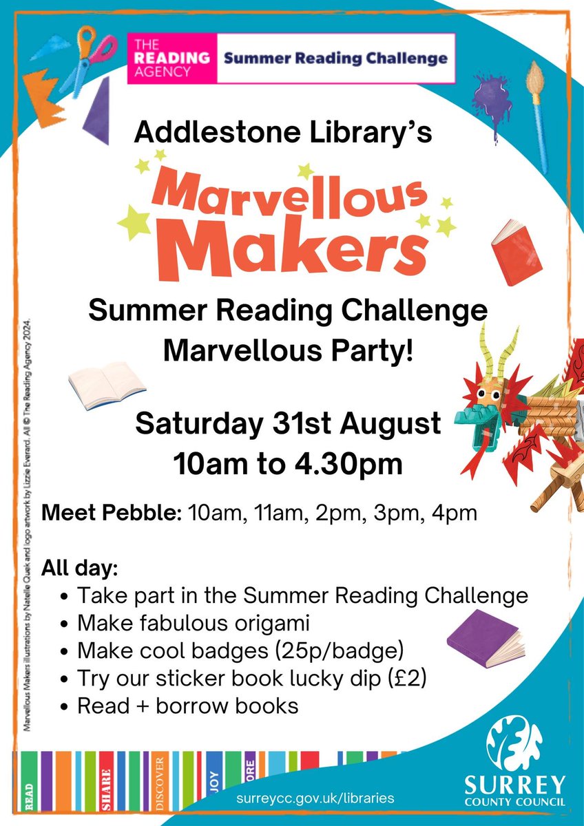 AddlestoneLib's tweet image. 286 children in Addlestone have signed up for the #SummerReadingChallenge so far, and Pebble 🐧 is coming to visit our Marvellous Party this Saturday (31st August) to celebrate!