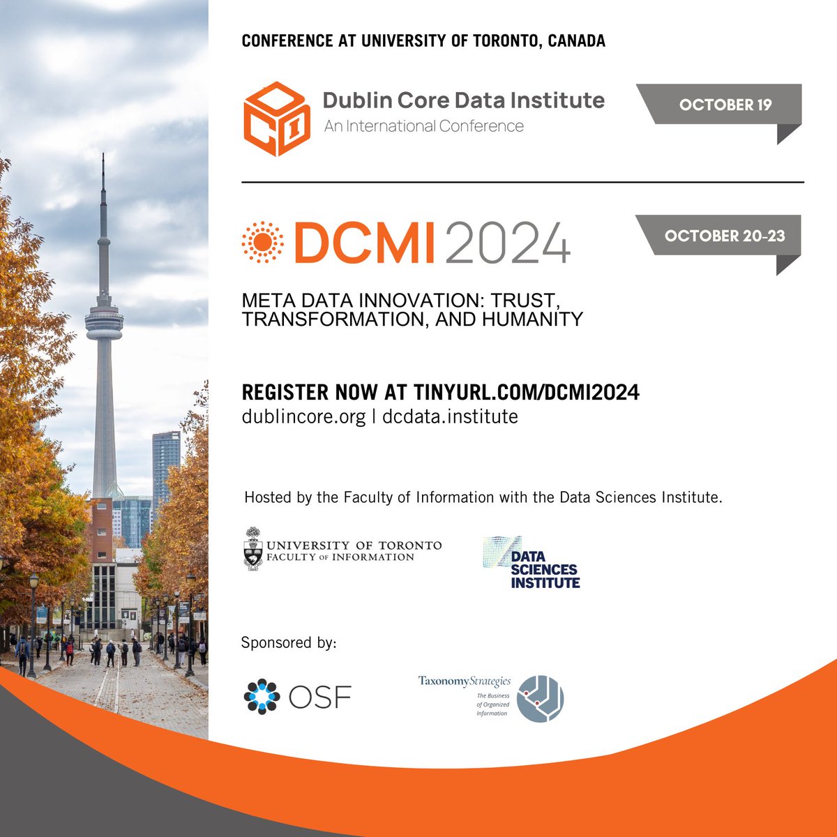 On October 19, the Faculty of Information is hosting the inaugural Dublin Core Data Institute (DCDI) conference on open data for humanities and social sciences. October is the ideal time to visit the U of T campus, with its vibrant fall colors on full display! 🍂