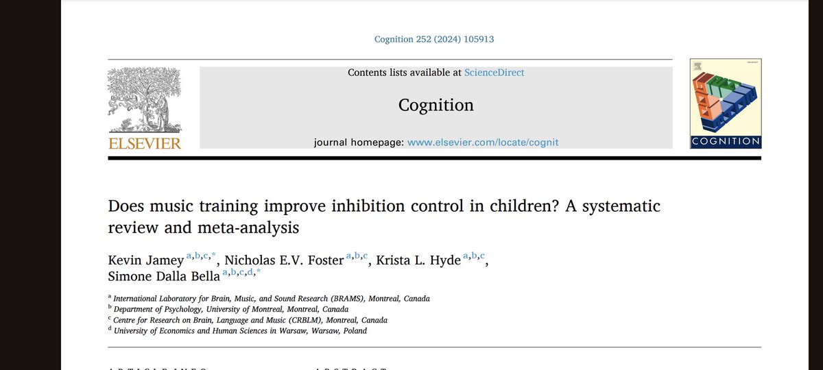 Excited to share work from my thesis - the first meta-analysis on the benefits of music training for the development of inhibition control in children! <a href="/CognitionJourn/">Cognition</a>  tinyurl.com/MetaMusicInhib…
#Neuroscience #music #education