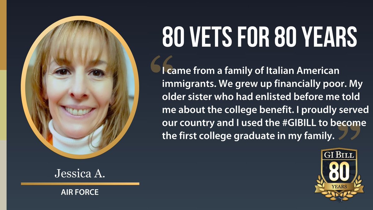 VAVetBenefits's tweet image. Jessica came from a family of Italian American immigrants who also chose to serve our country. Jessica used the #GIBill to become the first college graduate in her family. The sisters are now in competition to see who finishes their PhD first!  #80Vetsfor80Years #IUsedMyGIBill
