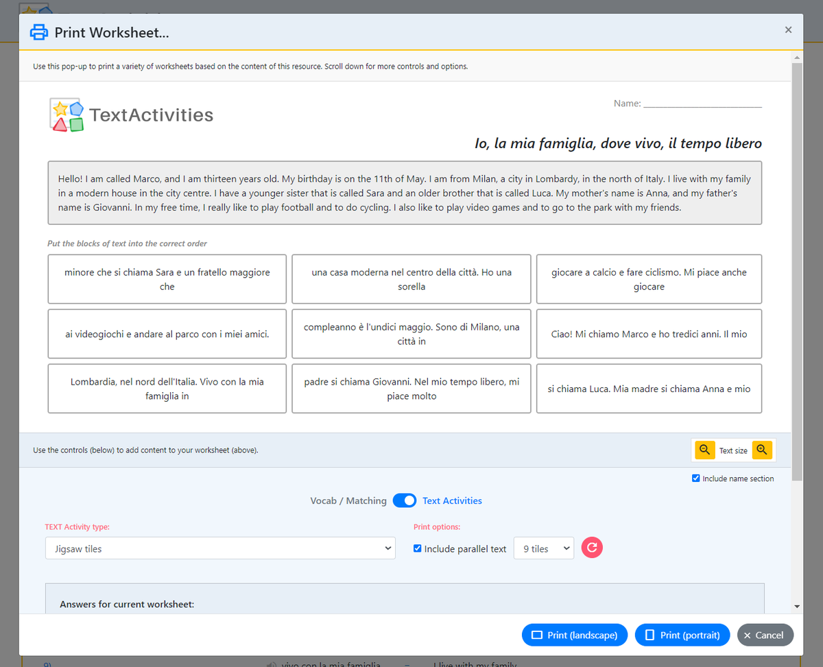 TextActivities's tweet photo. Sample ๐ฎ๐น Italian resource, accessible via a button in the sample resources section of the home page (to anyone who isn't logged in)
#mfltwitterati #mflchat #langchat
The resource (see images below) can also be accessed directly on this link:
https://t.co/6cGZnSoYh0
The resource is called "Io, la mia famiglia, dove vivo, il tempo libero", and it consists of Italian text, parallel English text and Italian / English matching items. The resource includes:
๐งฉ Text rebuild activities
๐ Vocab / matching activities
๐ Listening / dictation activities
๐ฌ๐ง Parallel English text / translation activities
๐จ Worksheets
Follow the above link and then click on "Activity view" to access the activities for the resource, of which there are more than 100 different configurations.
TextActivities subscribers can create their own interactive resources like this one in a matter of minutes ๐