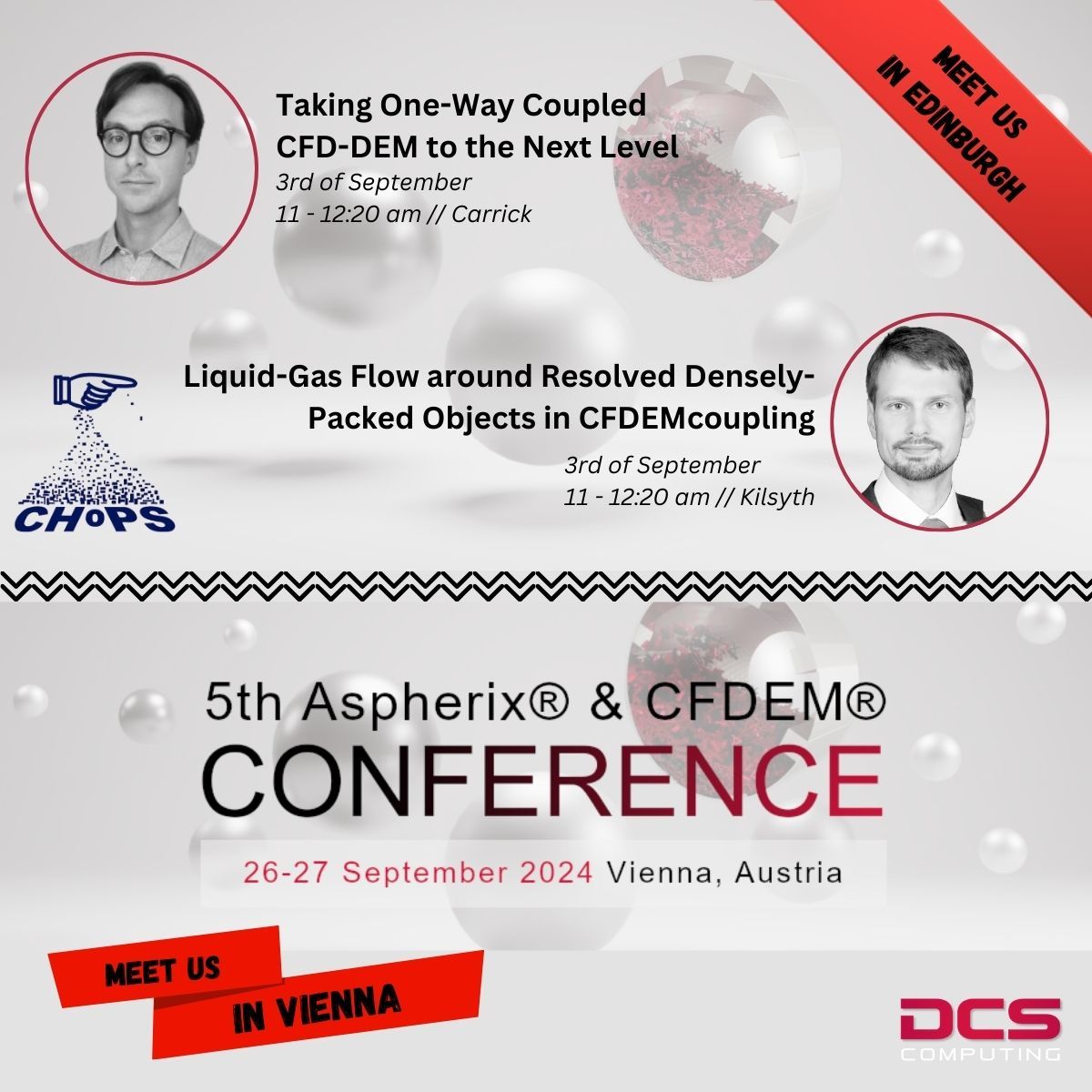 dcs_computing's tweet image. Want to know what happens to Liquid-Gas Flow around Resolved Densely-Packed Objects in CFDEM®coupling, or how we take One-Way Coupled CFD-DEM to the Next Level.
Meet us in Edinburgh at the CHoPS 24 or come join us in Vienna to find out!
