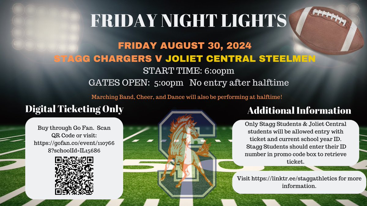 Opening game this Friday!  Game and spectator information visit: linktr.ee/staggathletics

Let's Go Chargers! #chargerpride <a href="/StaggHighSchool/">Stagg High School</a> <a href="/AAStaggFootball/">Charger Football</a> <a href="/JolietCentralAD/">Joliet Central Athletics</a> <a href="/StaggPoms/">Stagg Dance Team</a> <a href="/StaggMarching/">Stagg Marching Chargers</a> <a href="/STAGGCHEER/">Stagg Co-Ed</a>