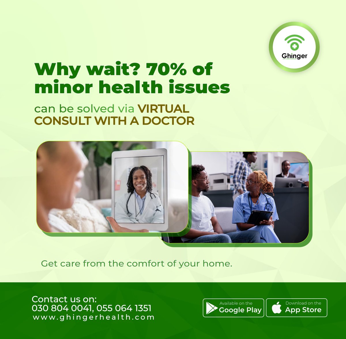 GhingerC's tweet photo. 70% of minor health issues can be solved without leaving home. Shocking, right? 😲

Why sit in a waiting room when expert care is just a click away? From that stubborn cough to a nagging headache, your health doesn’t have to wait. https://t.co/TVRq8dTZ0M