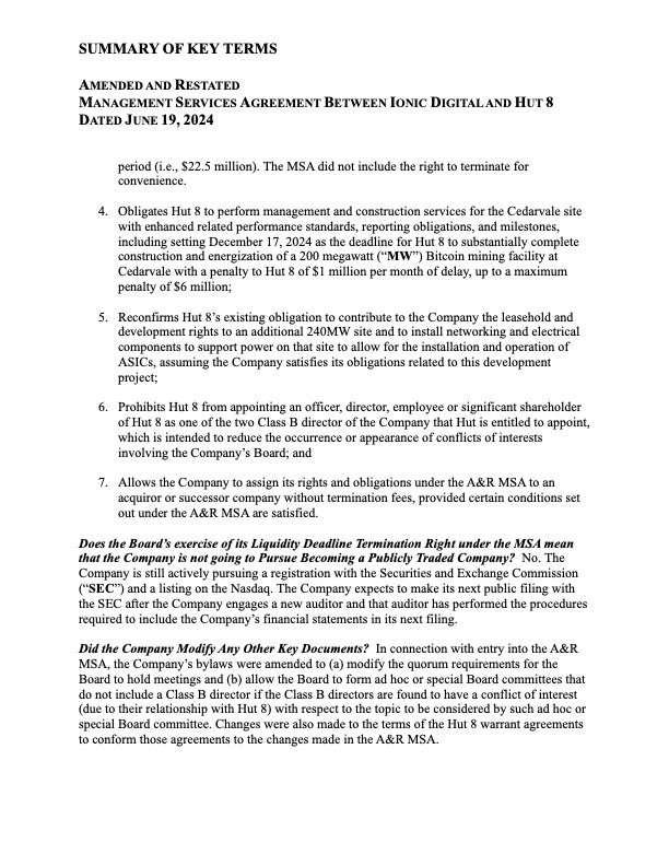 Summary Terms: Amended and Restated MSA Between Ionic Digital and Hut 8