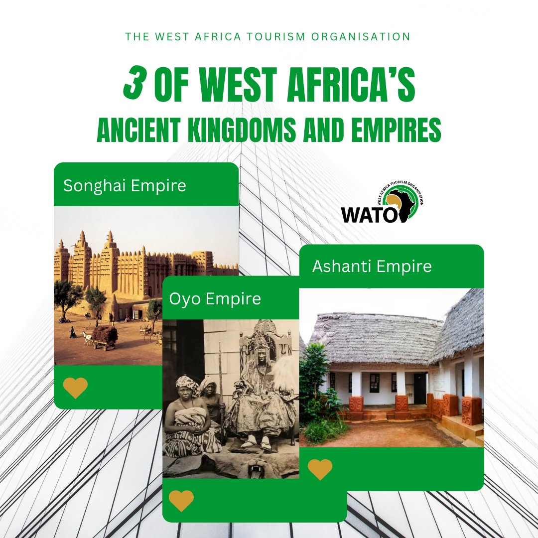 West Africa was home to many empires in ancient times. Essential minerals such as gold, copper, salt, and ivory were mined and traded, bringing tremendous wealth to the region. Some are:

1. Songhai Empire
2. Oyo Empire
3. Ashanti Empire

Check back shortly for more details
#WATO