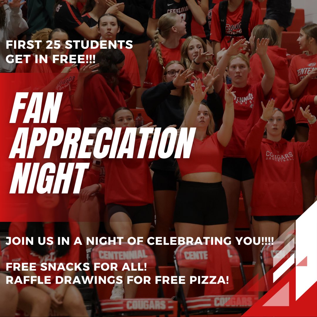 🚨COUGAR FANS TODAY IS THE DAY!🚨

IT’S GAME DAYYYYYYYYY AND FAN APPRECIATION NIGHT! (swipe to learn more!)

THEME: COUGAR OUT 🐾❤️

- First 25 Students get in FREE 🎟️
- FREE snacks for ALL! 🍬🍪
- RAFFLE for FREE PIZZAS 🍕 

VARSITY: 7:00 PM
JV/B-SQUAD: 5:30 PM
9A/B: 4:15 PM