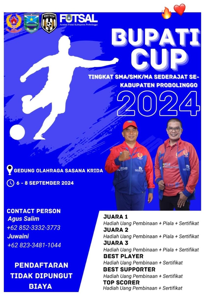 GoProbolinggo's tweet image. Kejuaraan Futsal tingkat SMA/SMK/MA Se-kabupaten #Probolinggo 
whatsapp.com/channel/0029Va…