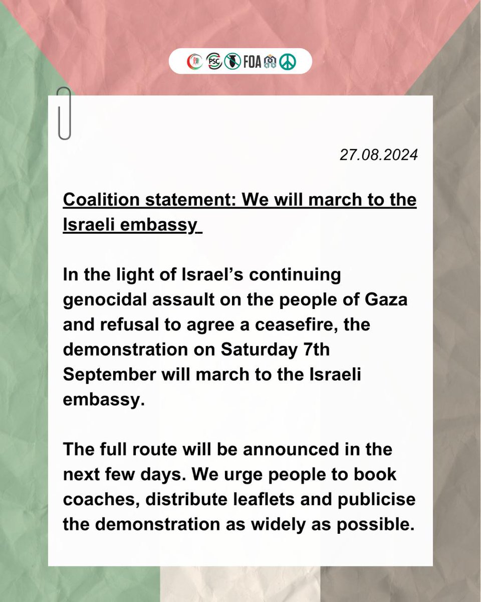 PSCupdates's tweet photo. Coalition statement: We will march to the Israeli embassy on 7 September 🇵🇸 https://t.co/QwhZtLwvpe