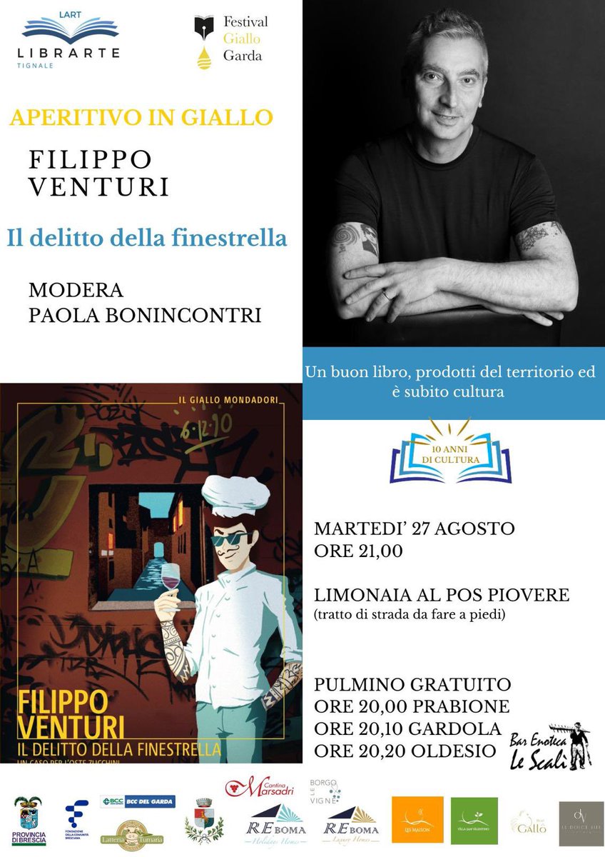Questa sera alle 21 a Tignale del Garda (Bs), nella splendida cornice della limoniaia al POS di Piovere, con vista suggestiva del lago, a presentare “Il delitto della Fonestrella. Un caso per l’oste Zucchini” <a href="/Mondadori/">Mondadori</a>. 
È la prima tappa del tour, finalmente si parte!