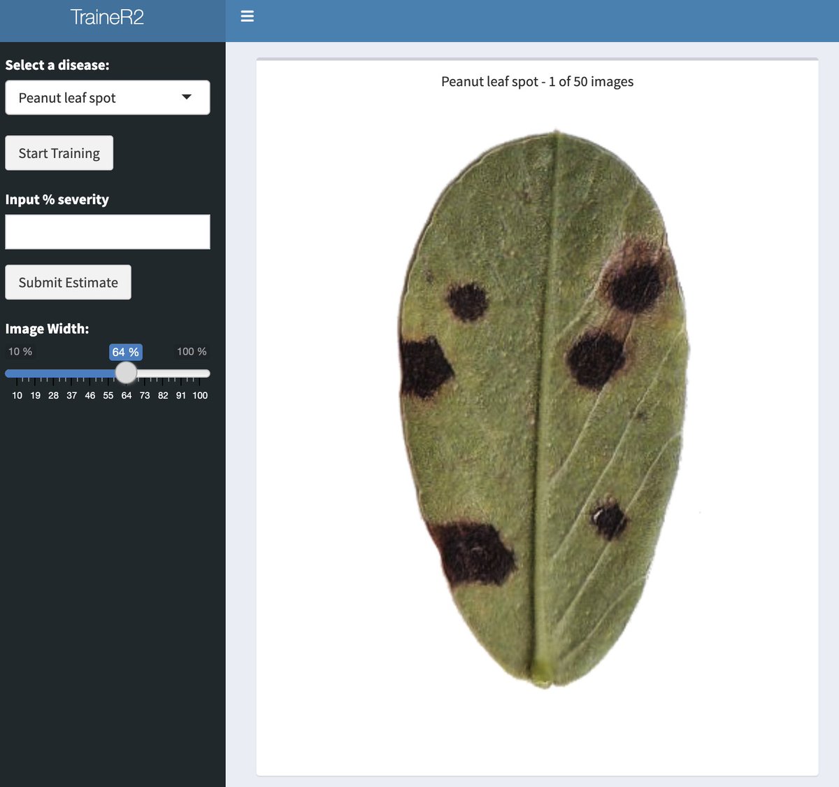 The training tool used in this study is an online app made with R Shiny, currently featuring nine plant diseases. It is freely available here:
delponte.shinyapps.io/traineR2/