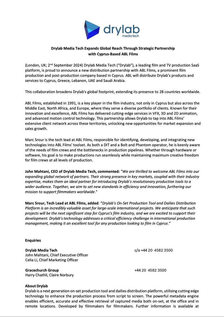 Drylab is pleased to announce a new #distribution #partnership with <a href="/ablfilms/">ABL Films</a>, a leading film #production and #post-production company based in Cyprus. This partnership will expand Drylab to new markets, including Cyprus, Greece, Lebanon, UAE, and Saudi Arabia.