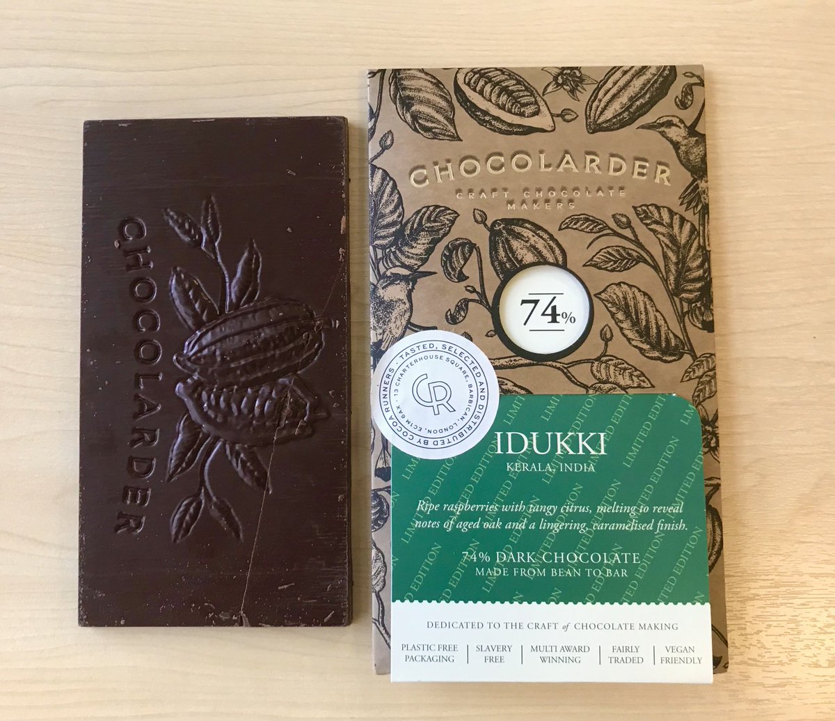 We are loving this dark bar from ⁦<a href="/chocolarder/">Chocolarder</a>⁩ in Cornwall, made with beans from Kerala in India - wonderful flavours of red berries and burnt caramel, a revelation