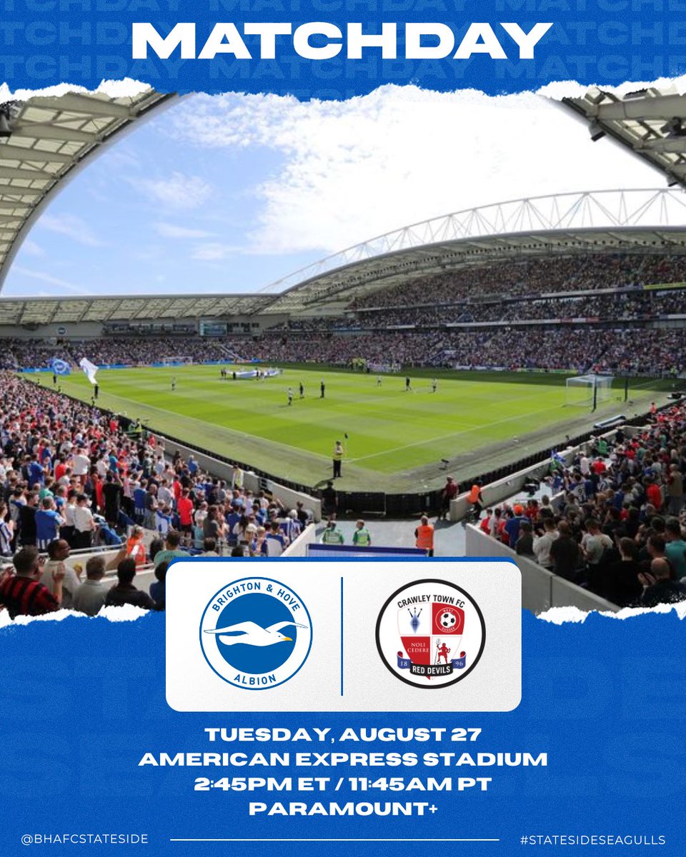 𝗚𝗢𝗢𝗢𝗢𝗢𝗗 𝗠𝗢𝗥𝗡𝗜𝗡𝗚, 𝗜𝗧’𝗦 𝗠𝗔𝗧𝗖𝗛𝗗𝗔𝗬!!! 🔵⚪️

It’s an all-Sussex matchup at the Amex as the Seagulls take on Crawley Town in the <a href="/Carabao_Cup/">Carabao Cup</a> 🏆

UP THE ALBION!!! 👏

#BHAFC #StatesideSeagulls #CarabaoCup #BHACRA
