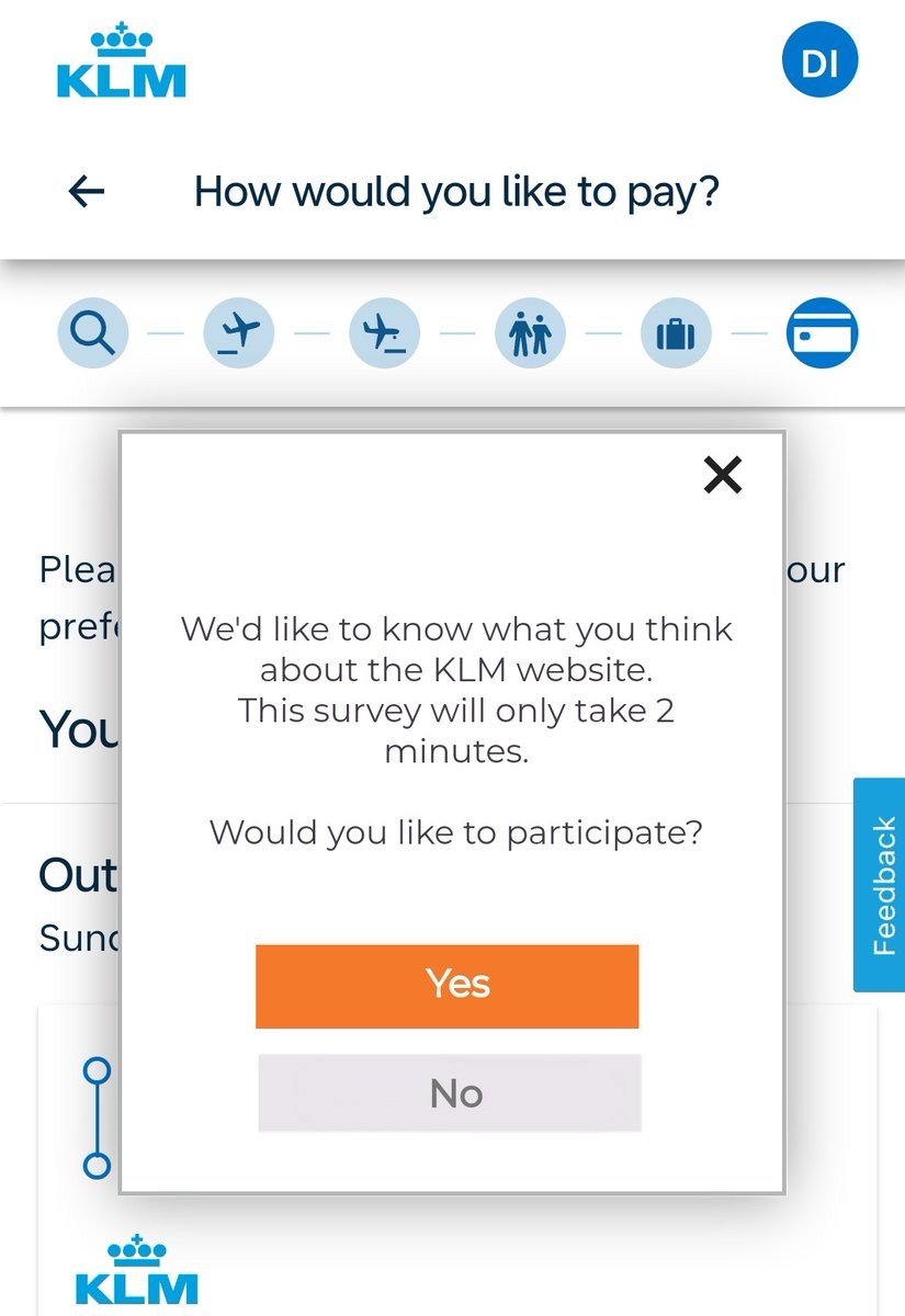 davidiwanow's tweet image. Hey @KLM please stop doing this with customer surveys as I'm in the final stage of checkout trying to give you money #uxfail