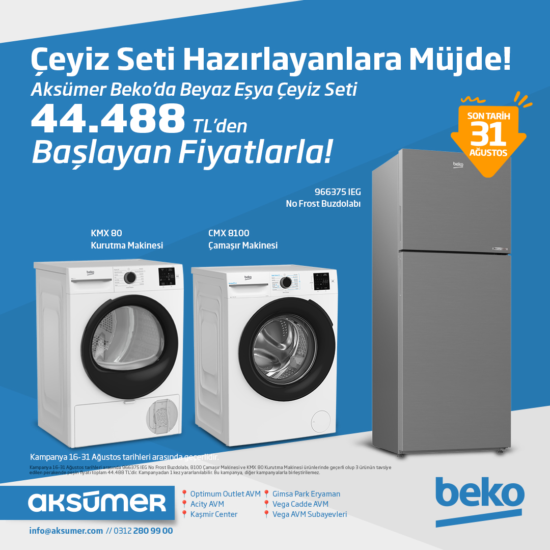aksumerbeko's tweet photo. Aksümer Beko’da beyaz eşya çeyiz seti 44.488 TL ‘den başlayan fiyatlarla!

Mağazalarımız 👇
📍 Optimum Outlet AVM
📍 Acity AVM
📍 Kaşmir Center
📍 Gimsa Park Eryaman
📍 Vega Cadde AVM
📍 Vega AVM Subayevleri
İletişim 👇
📞 0 312 280 99 00

#beko #aksümerbeko #beyazeşya #çeyizseti https://t.co/HMr96csItG