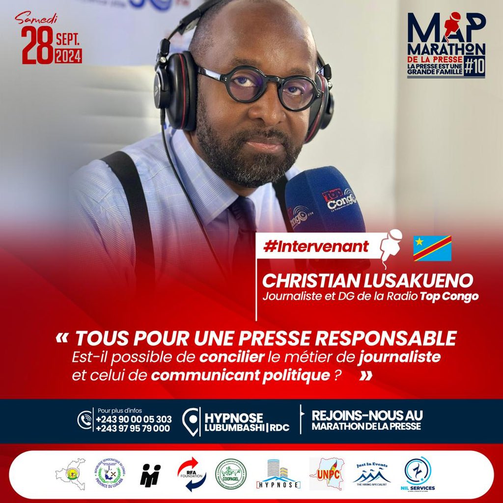 BukasaEmmanuel2's tweet photo. #RDC🇨🇩: #MAP10, Le rendez-vous est pris pour ce mercredi 28.08.2024 à #LubumbashiRDC avec les intervenants de tailles comme  @fredfougerat  @lusakuenoc  et Mme Marianne Mujing Yav .

Lieu: hôtel hypnose.

Bienvenue au marathon de la presse. https://t.co/vkRcgUgbR3