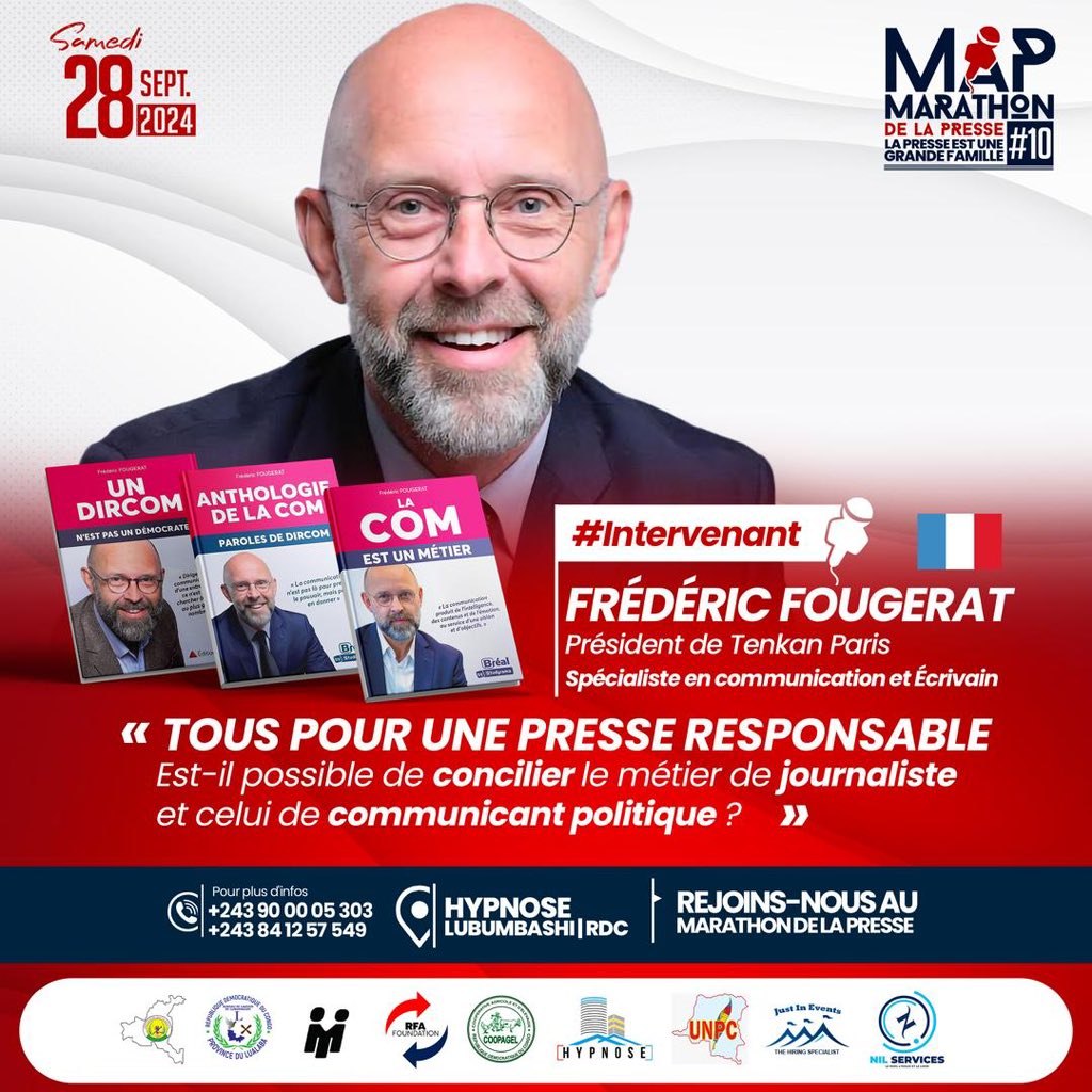 BukasaEmmanuel2's tweet photo. #RDC🇨🇩: #MAP10, Le rendez-vous est pris pour ce mercredi 28.08.2024 à #LubumbashiRDC avec les intervenants de tailles comme  @fredfougerat  @lusakuenoc  et Mme Marianne Mujing Yav .

Lieu: hôtel hypnose.

Bienvenue au marathon de la presse. https://t.co/vkRcgUgbR3
