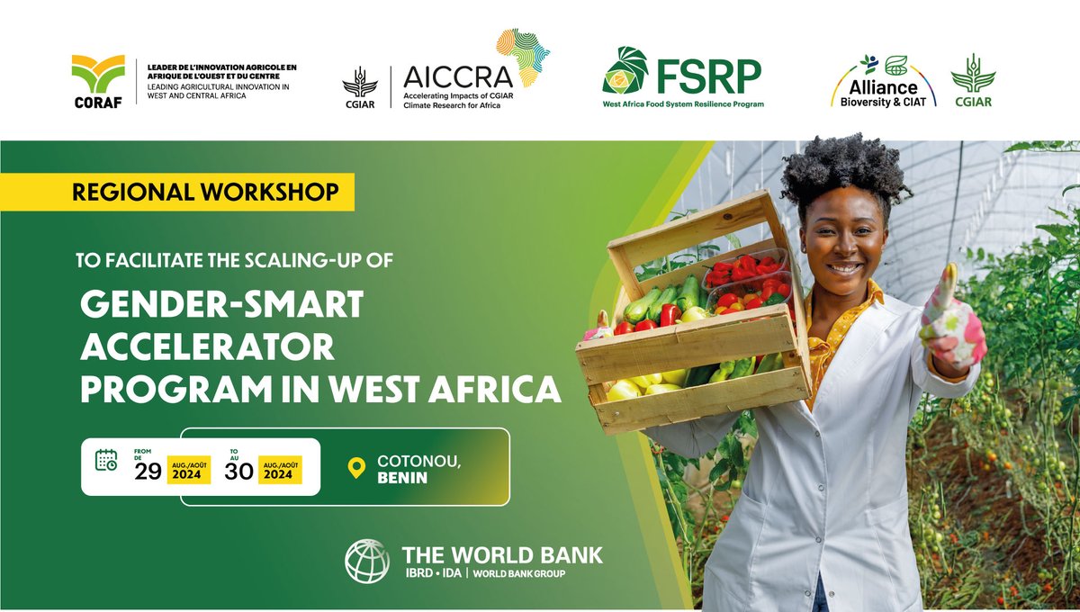 🌏 This week in Benin,<a href="/BiovIntCIAT_eng/">Alliance of Bioversity International and CIAT</a> team up with #AICCRA, <a href="/CORAFNews/">CORAF</a> and <a href="/WorldBank/">World Bank</a> Food Systems Resilience Program #FSRP to reflect on the  successful implementation of the gender-smart accelerator, and to  explore the extension of the program in other countries in