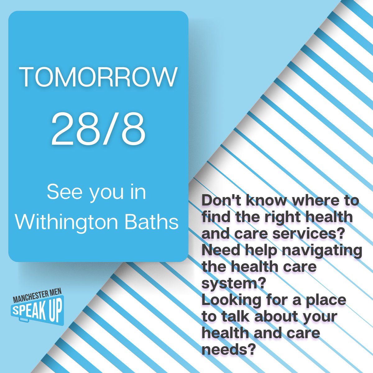 We're excited to visit Withington Baths tomorrow! If you have any questions about health and care services or want to learn more about our forums, come by our stall. #ManchesterMenSpeakUp is here for you—let’s connect and chat! 💬✨
#WithingtonBaths #healthforum #haveyoursay