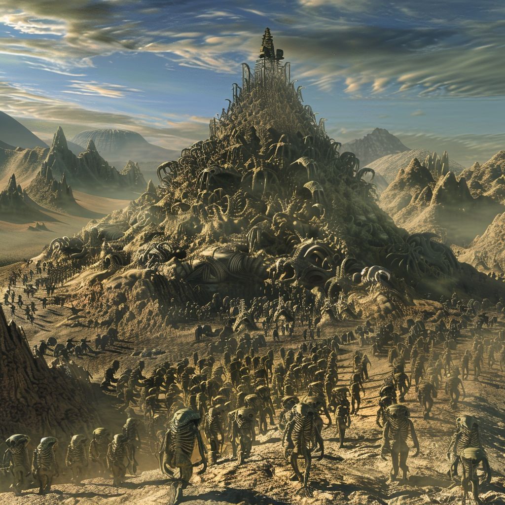 HumanAIArt's tweet photo. "Celestial Pyramid #29", A surreal collaboration: humans and aliens building a pyramid on a beautiful alien world. #AlienCraftsmanship #CosmicPyramid #SurrealConstruction #GalacticCollaboration https://t.co/WSTbEQkSCH