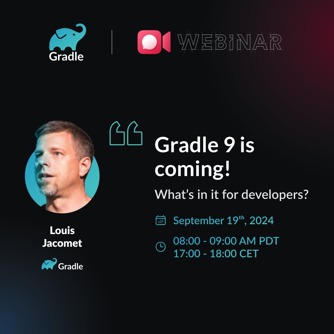 🖥️  [LIVE WEBINAR]  🖥️

#Gradle 9 is coming... join <a href="/ljacomet/">Louis Jacomet</a> on Sep-19 to learn what's included!

gradle.com/training/gradl…