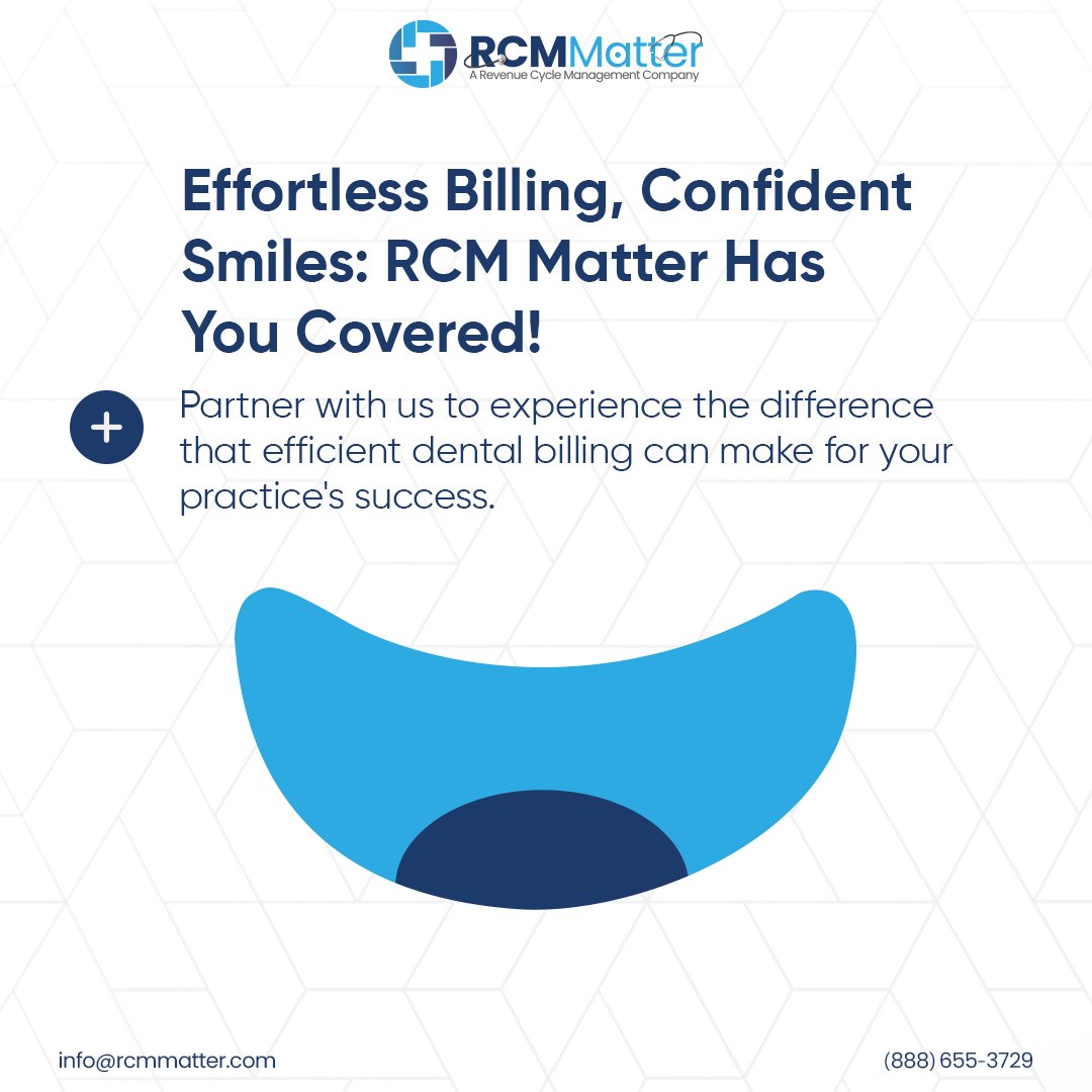 Transform your dental practice with stress-free billing! At RCM Matter, we handle all your billing needs so you can focus on what matters most—your patients' smiles. 

Click the link to schedule a free consultation with our billing experts: lnkd.in/dgdxgRga.