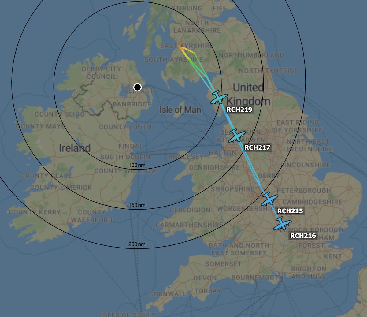 TheSnoopySnoop's tweet photo. All four St. Joseph birds made it from St. John's to Prestwick yesterday and departed Prestwick today heading SE
#JESSE40 #ADFE5F 90-1796 *now #RCH216
#RCH215 #ADFE5A 90-1791
#RCH217 #ADFE60 90-1797
#RCH219 #ADFE6D 91-1653 https://t.co/Dm7Q3v0fS2
