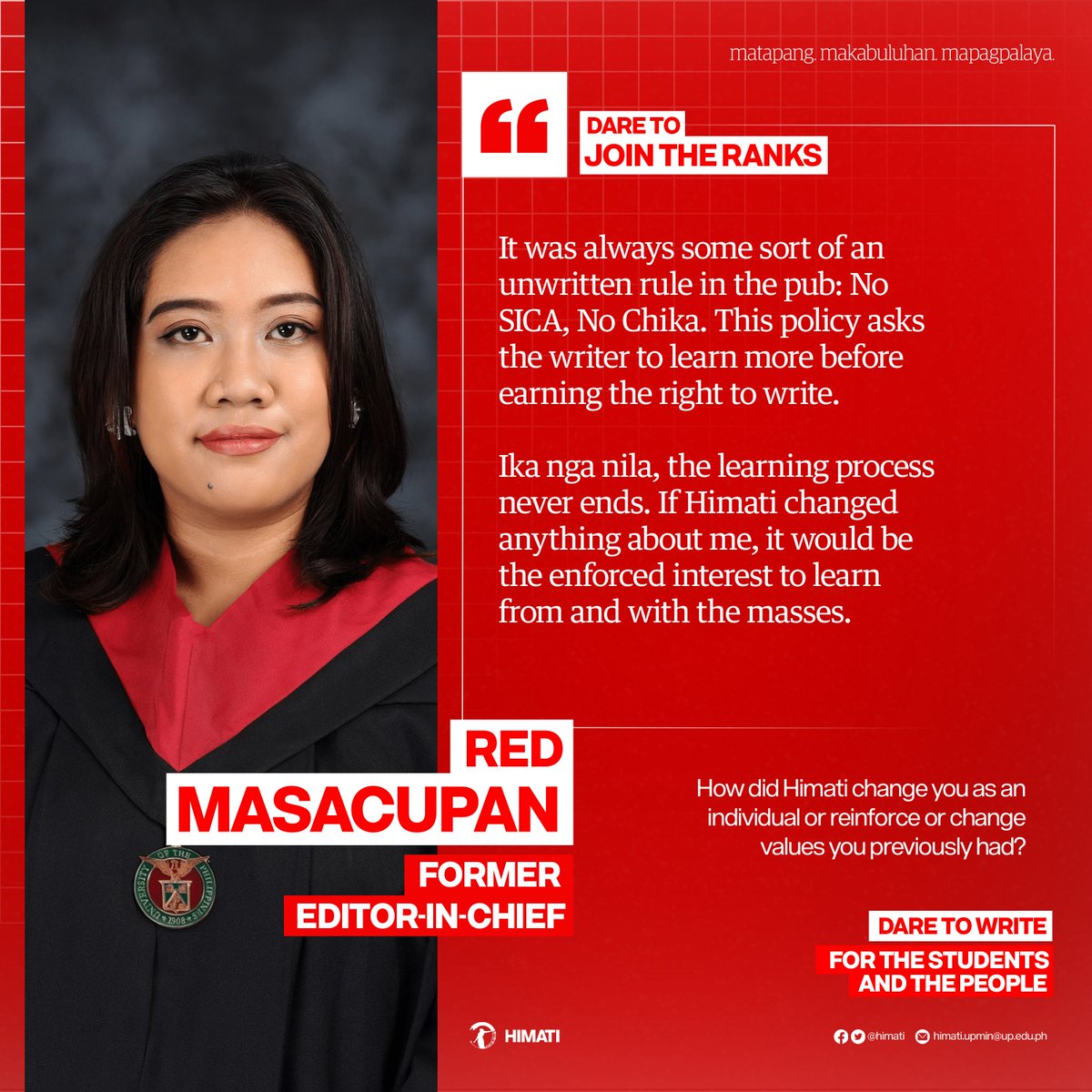 himati's tweet photo. LOOK | Himati alumni share their personal experiences in their years being with the publication. The alumni expressed how Himati has honed their writing to be for the people, solidifying stories of the students and masses. 

Himati has been doing its duty in serving the students and the people for close to 28-years since it's establishment in 1996— as Himati opens it's application for this semester, the publication continues its dedication to be for the students and for the people, and to strengthen the fight for press freedom. 

Join Himati: https://t.co/o7tG7M7sDb 
Join Himati: https://t.co/o7tG7M7sDb 
Join Himati: https://t.co/o7tG7M7sDb 

#DefendPressFreedom