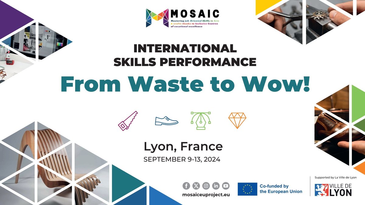 "From Waste to Wow!" - <a href="/MOSAICeuproject/">MOSAIC</a> International Skills Performance will gather students from all MOSAIC VET Partners to work in multicultural and disciplinary groups to create innovative and sustainable objects out of recycled materials!
Details at mosaiceuproject.eu/event/from-was…
