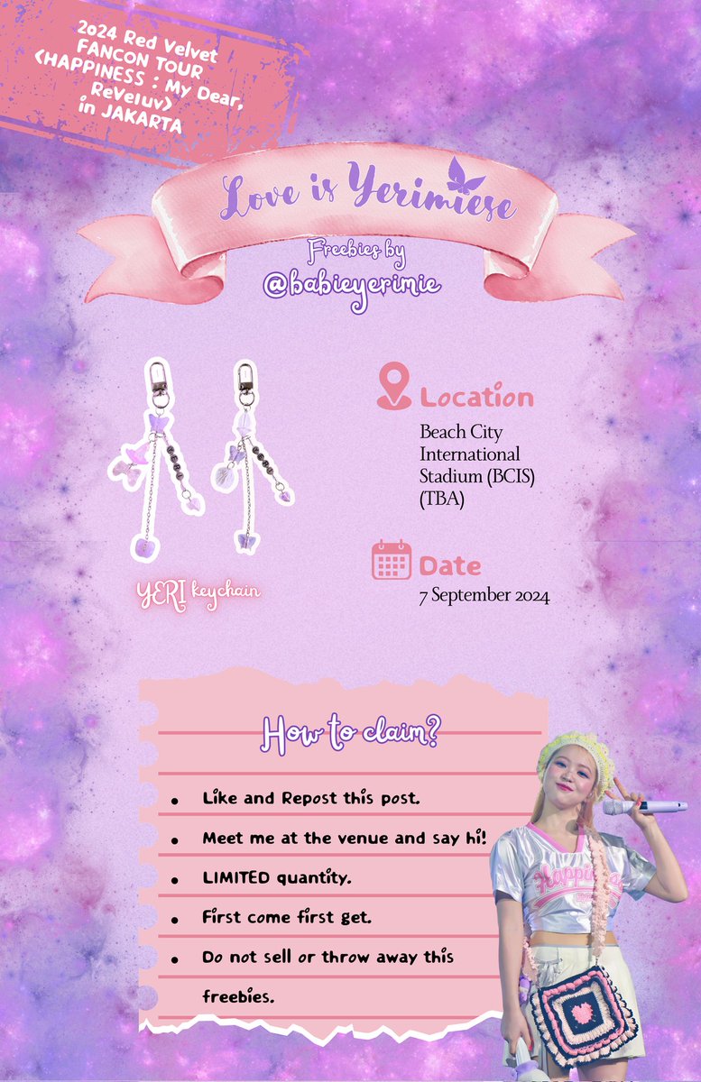 babieyerimie's tweet photo. 🪻𝓛𝓸𝓿𝓮 𝓲𝓼 𝓨𝓮𝓻𝓲𝓶𝓲𝓮𝓼𝓮🪻

Red Velvet FANCON TOUR in JAKARTA freebies by @babieyerimie

🗓 Sat, 7 Sept 2024
📍 BCIS (TBA)

▪︎Like &amp; RT are appreciated
▪︎LIMITED quantity
▪︎More details on pics

 #HAPPINESS_MyDear_ReVe1uv
#RedVelvet_FANCON_TOUR_in_JAKARTA https://t.co/X5FU4HjfYi