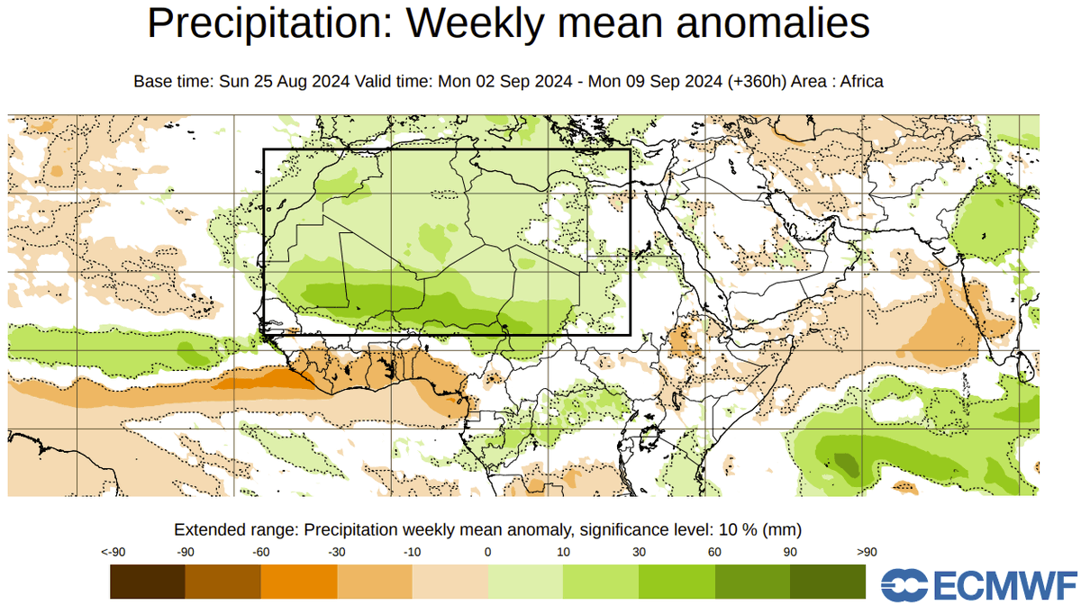 CraigSetzer's tweet photo. The Atlantic hurricane season remains mostly on pause, and one contributing factor is the farther north track of tropical waves coming off Africa. This in turn has resulted in much above average rainfall for the normally very dry Saharan Desert.  De-desertification in progress? It might in theory have long term implications for less busy hurricane seasons in the future.
H/T Unexpected Rainfall event starts in the Sahara Desert: A Rare Weather Phenomenon » Severe Weather Europe (https://t.co/P2r6OLtiRL)