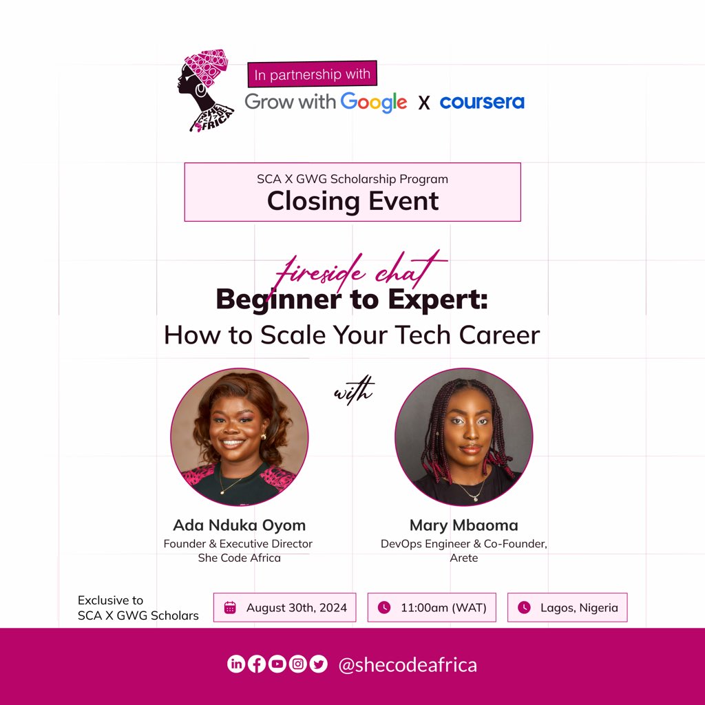 SheCodeAfrica's tweet photo. Our closing event for the #SCAxGWG Scholarship program is this Friday and our scholars are in for a great sendoff!
Among many other things in store, expect a fireside chat on "Beginner to Expert: How to Scale Your Tech Career" with @Kolokodess, Our Founder & Executive Director, She Code Africa, and the amazing @mba_oma, DevOps Engineer & Co-Founder, Arete 🚀🚀
As you end this chapter, another chapter opens up for you in the real world and this fireside chat will give you insights on Navigating the tech industry as a woman, Building a successful tech career from scratch, essential tips for career advancement and much more so come prepared to be impacted! 💃🥳🥳
Dear SCAxGWG scholars, are you ready???? Drop a “Ready” in the comments if you are 👇👇🥳🥳💃💃
#SheCodeAfrica #SCAxGWG #WomenInTech