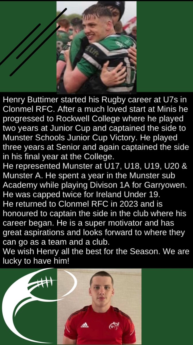 ClonmelRFC's tweet photo. Meet Your Club Captain! #clonmelrfc #knowyourclub #clubrugby #clubcaptain https://t.co/kQMKUOfb5G