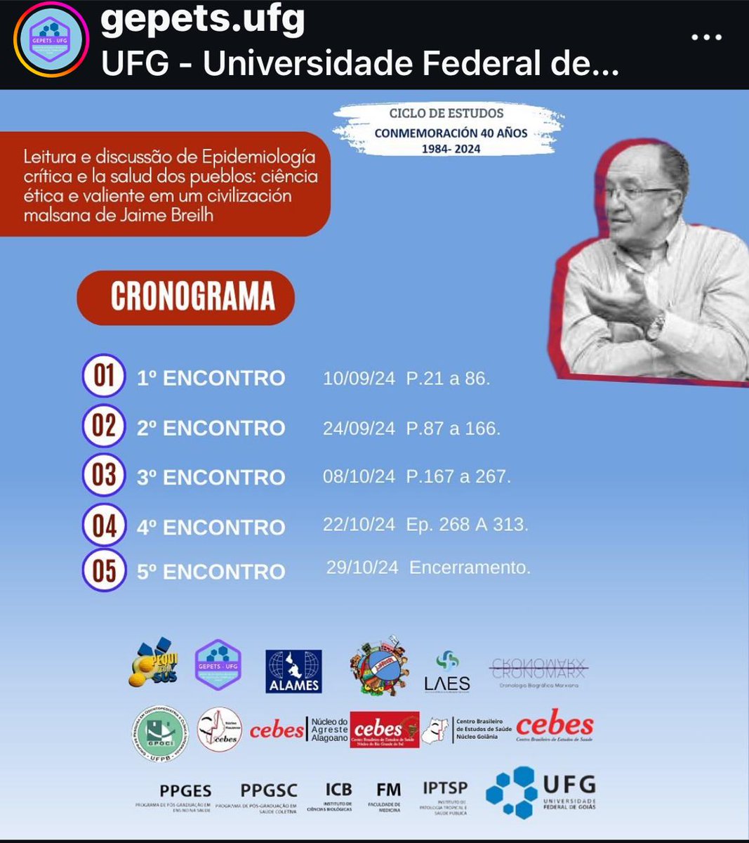 📌 Cebes convida para o 2° ciclo de estudos em comemoração os 40 anos da Alames

Encontros ocorrerão quinzenalmente, via Google Meet, às 19h30, conforme cronograma. O ciclo de estudo abordará Jaime Breilh, do Equador.

forms.gle/LQtWdz6SbSLVq7…